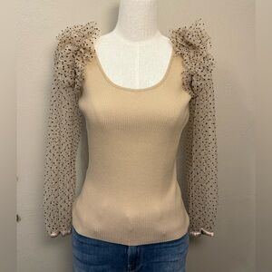 Dolan Anthropologie Sheer Polka Dot Ruffle Sleeve Ribbed Tan Black Sweater Top